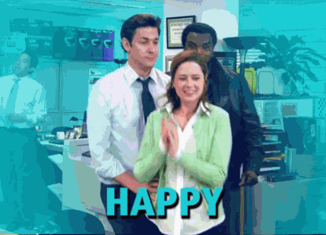 a man and a woman standing next to each other with the word happy in the middle