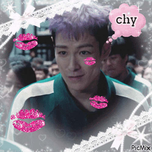 a picture of a man with pink lips and a pink speech bubble that says chy
