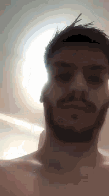 a shirtless man with a beard is taking a selfie with the sun shining through the window behind him .