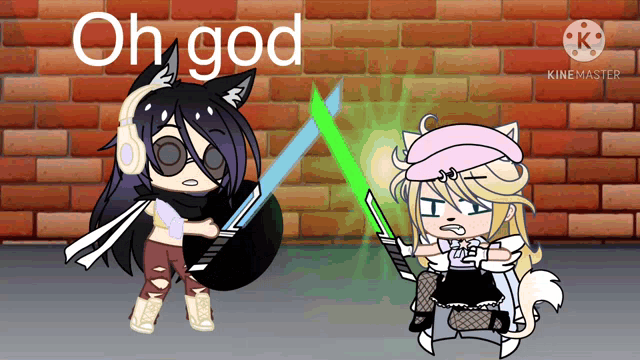 a cartoon of two girls holding lightsabers with the words oh god in the background