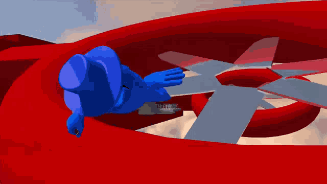 a blue cartoon character is flying through a red propeller with a minecraft logo in the background