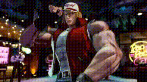 a cartoon character is standing in front of a neon sign that says ' king of fighters ' on it