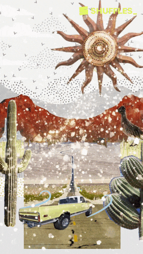 an advertisement for shuffles shows a car cactus and sun