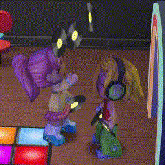 two cartoon characters wearing headphones are standing on a colorful dance floor