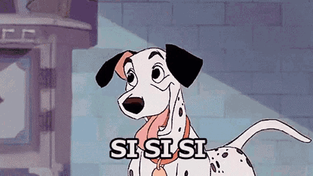 a dalmatian dog from the 101 dalmatians is standing in front of a brick wall and smiling .