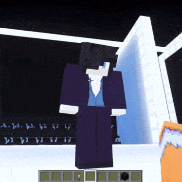 a minecraft character in a purple suit and white shirt