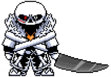 a pixel art of a skeleton holding a large knife .
