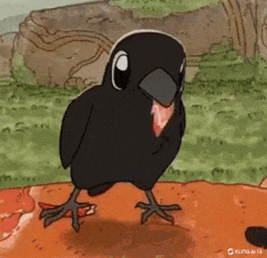 a cartoon bird is standing on a dirt road with its beak open .