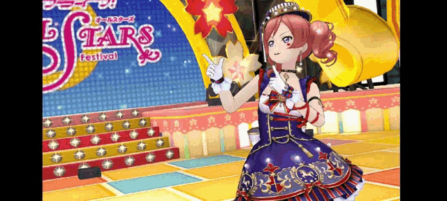 a girl in a purple dress is on a stage in front of a sign that says stars festival