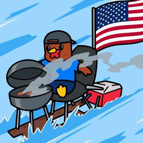 a cartoon of a duck sitting on a raft with an american flag