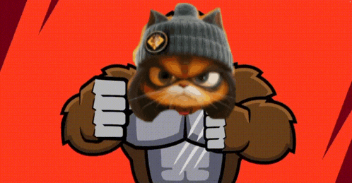 a cartoon of a cat wearing a beanie and a gray shirt