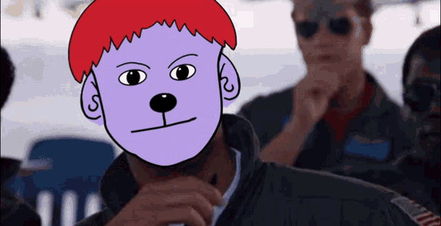 a cartoon of a man with a purple face