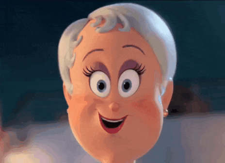 a close up of a cartoon character with gray hair and big eyes