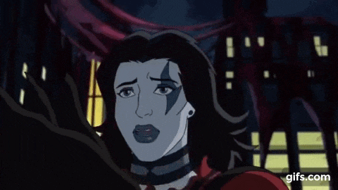 a cartoon of a woman with a scar on her face is standing next to a man .