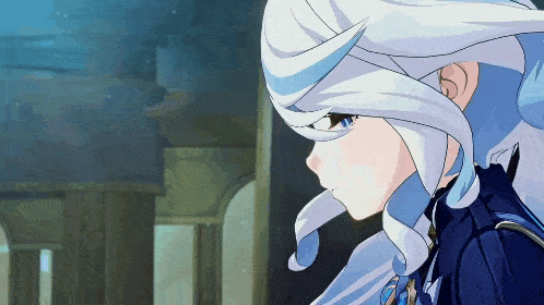 a girl with white hair and blue eyes is looking at something