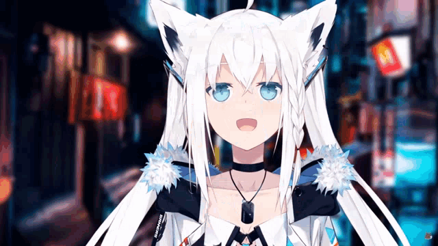 a girl with white hair and blue eyes is wearing a choker and a necklace