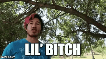 a man with a beard and a pink hat is standing under a tree and says lil bitch
