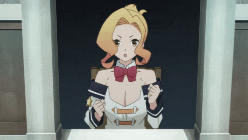 a cartoon girl with a bow tie is sitting in a chair