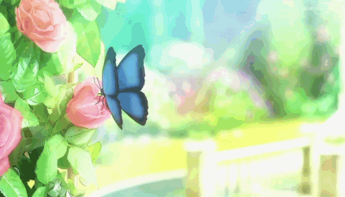 a blue butterfly is sitting on a pink flower in a garden