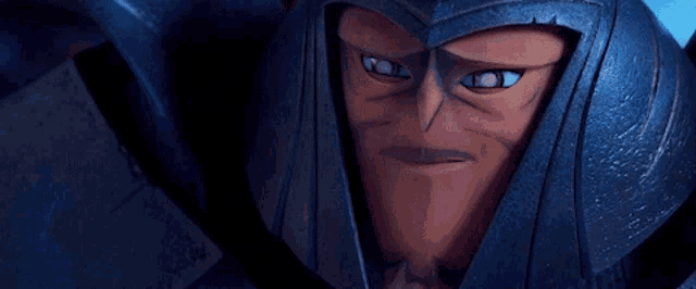 a close up of a cartoon character wearing a knight 's helmet .