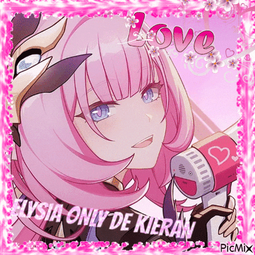 a picture of a girl with pink hair and blue eyes with the words elysia only de kieran on the bottom