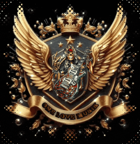 a emblem with a skull holding a guitar and the words " one love music "