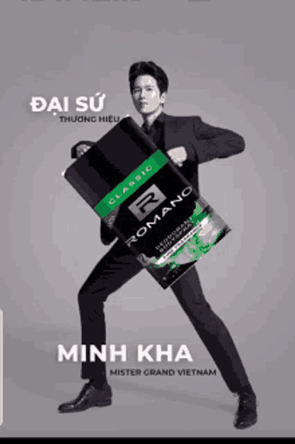 a man in a suit is holding a bottle of romano classic deodorant