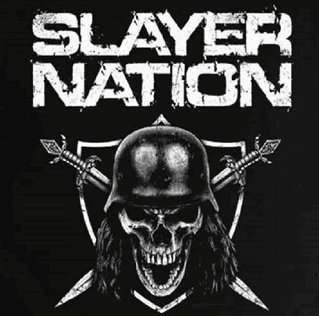 a slayer nation logo with a skull in a helmet and swords