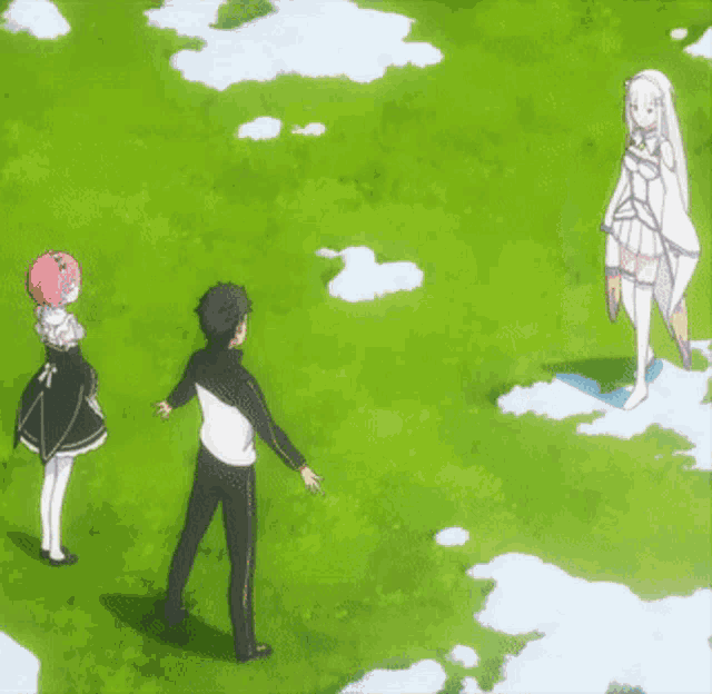 a group of anime characters are standing in a field
