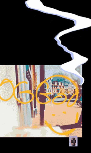 a drawing of a street with the word open written in orange