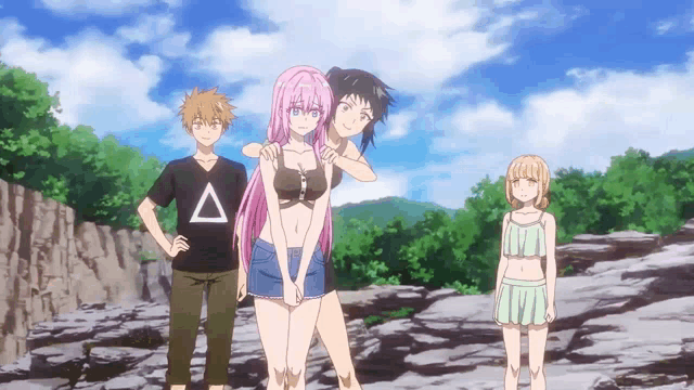 a group of anime characters are posing for a picture and one of them has a triangle on his shirt