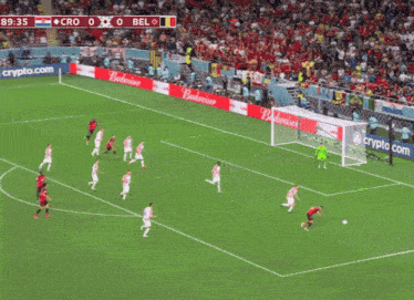 a soccer game is being played with the scoreboard showing cro 0 bel 0