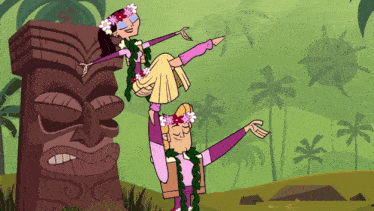 a cartoon of a man carrying a woman in front of a tiki