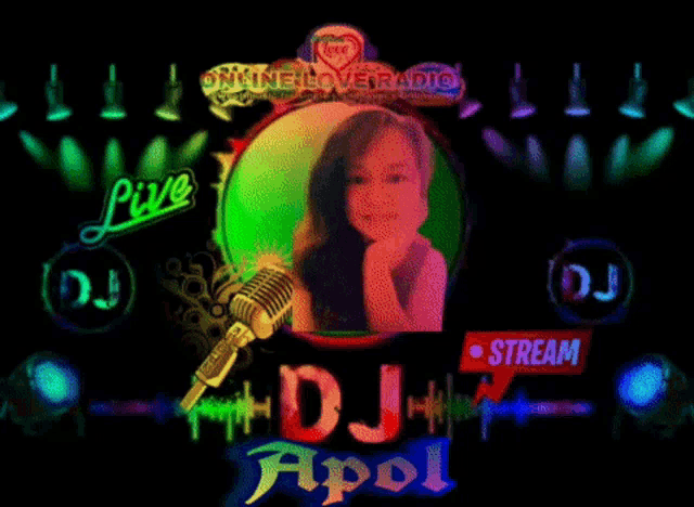 a picture of a girl with a microphone in front of a sign that says " dj apol "