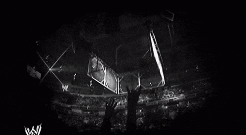 a black and white photo of a fence with a wwe logo in the corner
