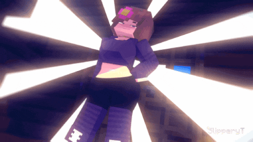 a girl in a purple top and black pants with the letter h on her shorts