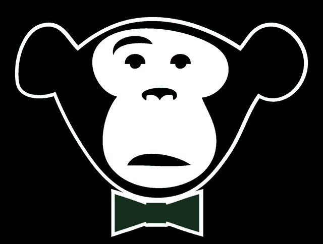 a black and white monkey with a green bow tie on a black background