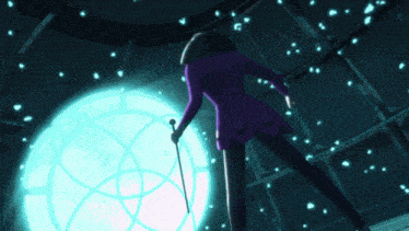 a cartoon character in a purple jacket stands in front of a blue light