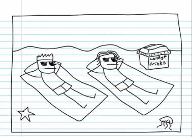a drawing of a man and woman laying on a beach with a box of college drinks