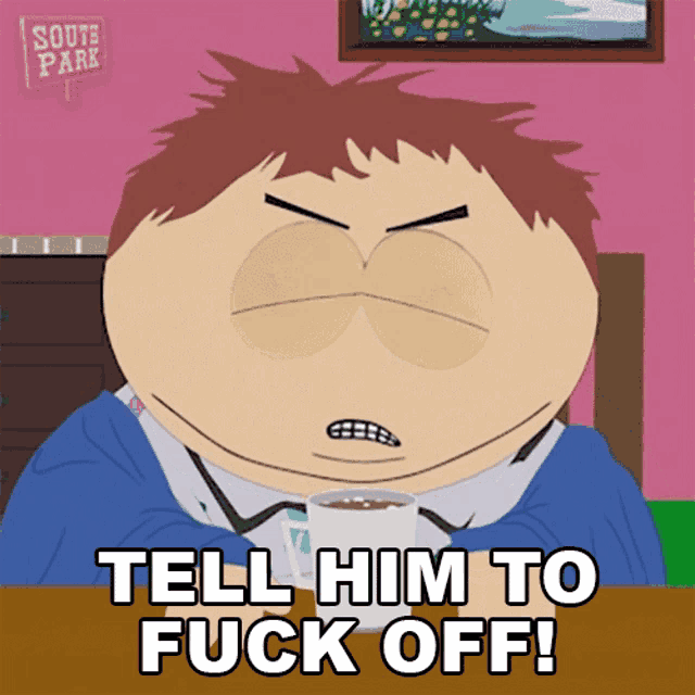 a cartoon character from south park is holding a cup of coffee
