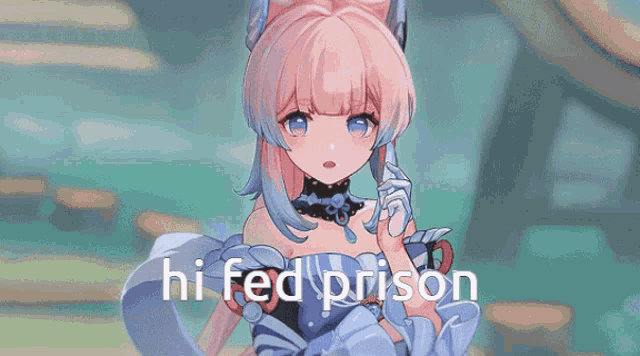 a girl in a blue dress with the words hi fed prison written below her