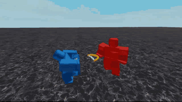 a red roblox character is standing next to a blue roblox character laying on the ground