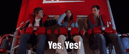 a group of people riding a roller coaster with the words nice nice nice below them