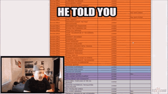 a man sitting in front of a screen with the words he told you on it