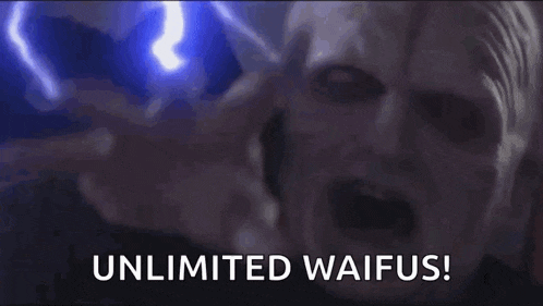a close up of a man holding a lightning bolt and saying `` unlimited waifus '' .