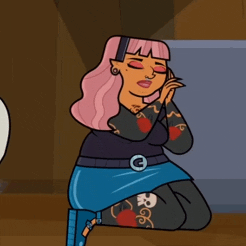 a cartoon of a woman with pink hair and a belt with the letter c on it