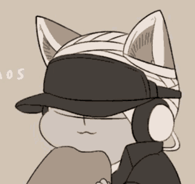 a drawing of a cat wearing headphones and a bandaged headband