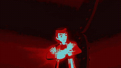 a red and blue background with a silhouette of a person in the middle