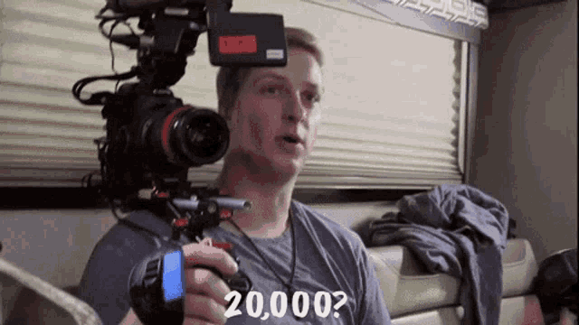 a man is holding a camera and says 20.000 on the bottom