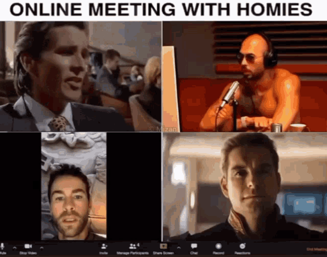 a collage of four pictures with the caption " online meeting with homies " at the top